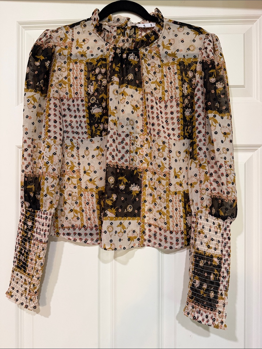 BB Dakota Patchwork Floral Sheer Blouse in Cream, Black & Gold